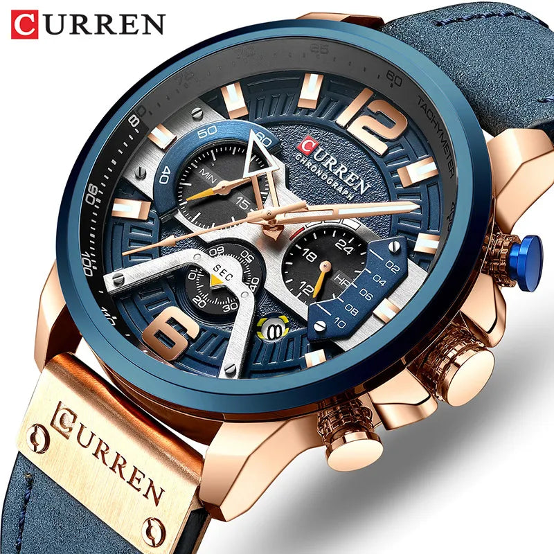 Blue Leather Chronograph Sport Watch: Stylish Waterproof Timepiece for Men