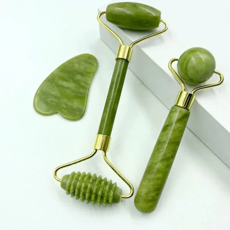 Jade Stone Roller Massager Set for Facial and Body Massage with Gua Sha Tool