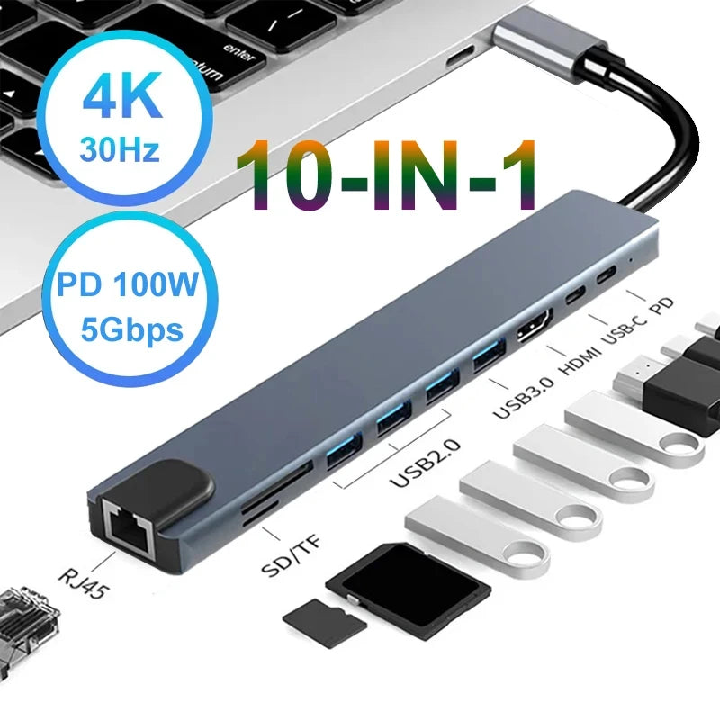 10 in 1 USB C HUB 4K30Hz Docking Station Type C to HDMI-Compatible RJ45 Ethernet PD100W for MacBook iPad Huawei Sumsang Phone