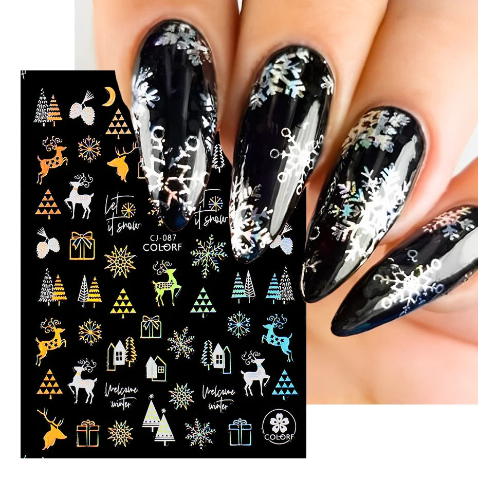 Enchanting Winter Nail Stickers: Snowflake & Reindeer Designs - Sparkling & Easy Application