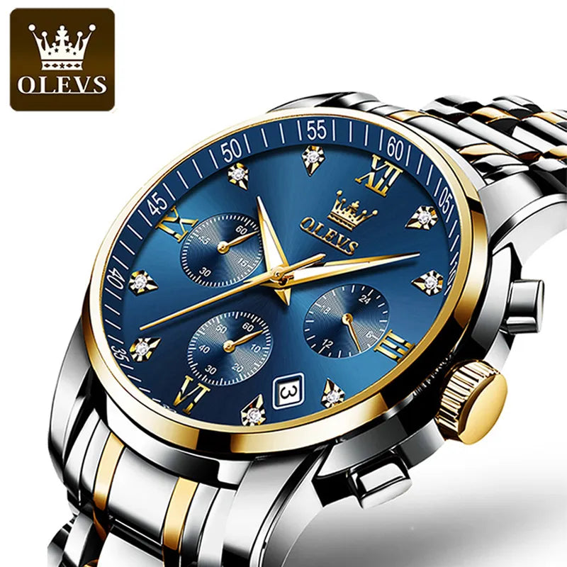Luxury OLEVS Men's Chronograph Quartz Watch with Luminous Dial and Waterproof Stainless Steel Bracelet