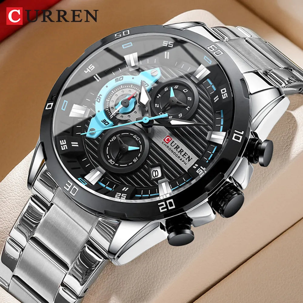 Fashionable CURREN Men's Stainless Steel Watch with Luminous Dial and Chronograph Feature