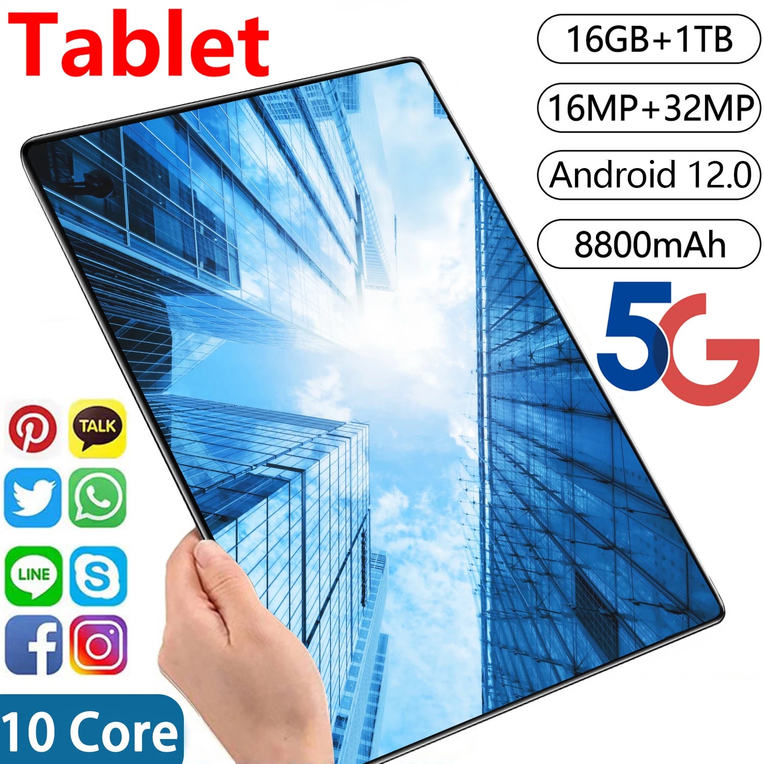 2024 New 10.1 inch Network Android 13.0 Tablet 16GB RAM 1TB ROM 16MP 32MP 10 Core 8800mAh tablet 4 5G Wifi Tablet