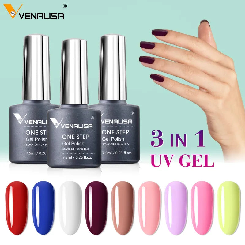3 in 1 VENALISA  One Step Nail Gel Polish Full Coverage Gorgeous Color Soak off UV LED Nail Gel Varnish Nail Art Salon Lacquer  beautylum.com   