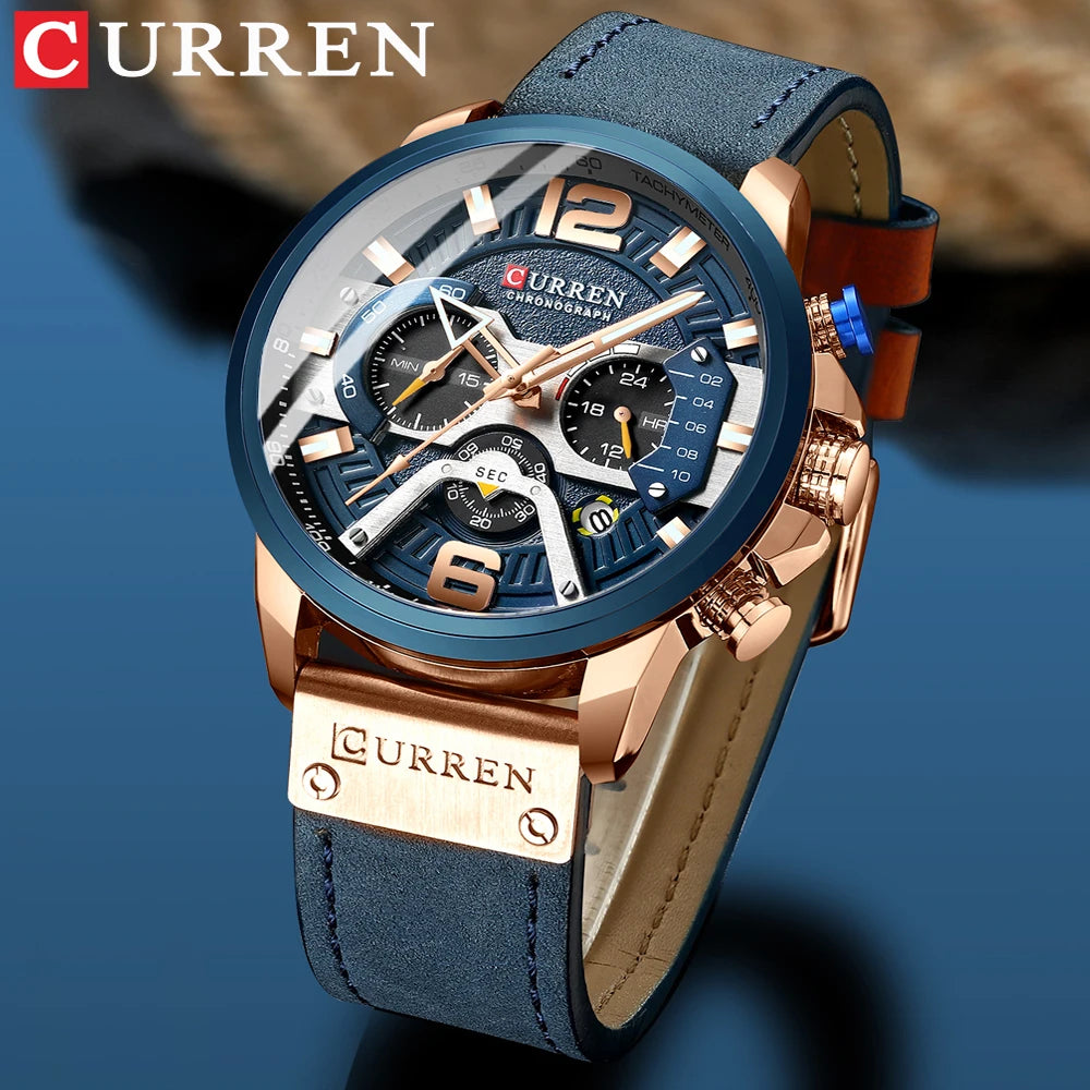 Luxury Blue Leather Chronograph Sport Watch for Men - Stylish Timepiece with Waterproof Design