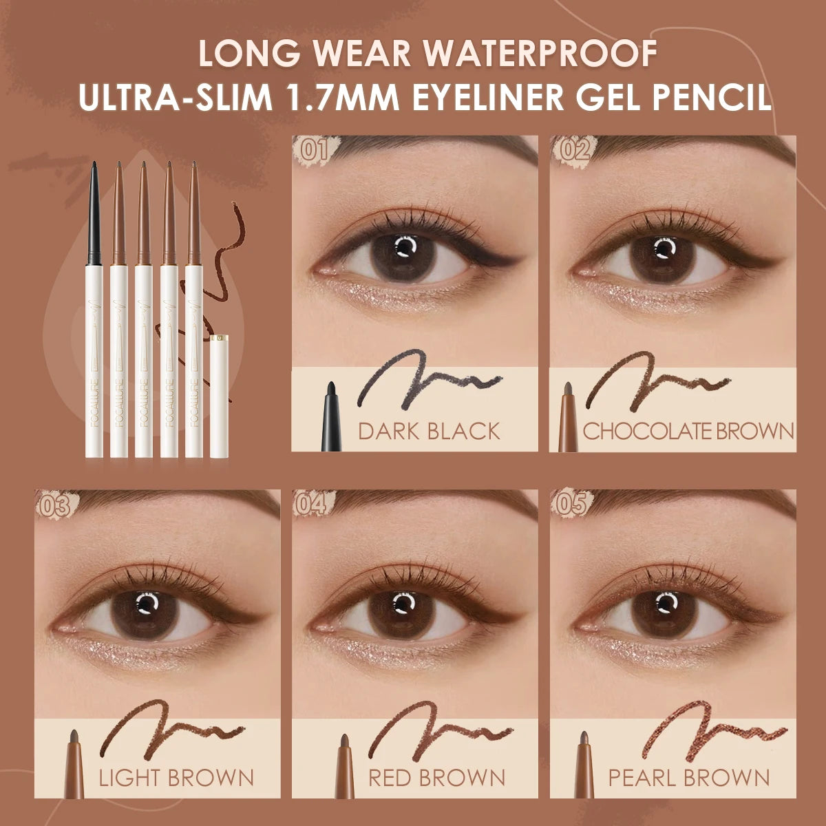 FOCALLURE Waterproof Ultra-slim Eyeliner Gel Pencil Soft High Pigment Professional Long-lasting Eyes Liner Makeup Tool Cosmetics  beautylum.com   
