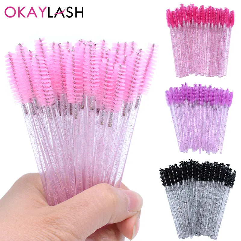 OKAYLASH 50Pcs Disposable Micro Glitter Eyelash Mascara Wands Mini Crystal Eye Lashes Brush Comb Pink White Spoolies  beautylum.com   
