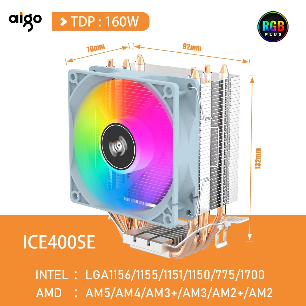 Aigo CPU Cooler 2 4 Heat Pipes PC Radiator Cooling 3PIN PWM Silent Rgb Fan For Intel  1700 1150 1155 1156 1366 AM2/AM3/AM4 AMD  My Store ICE400SE WHITE Fixed Color