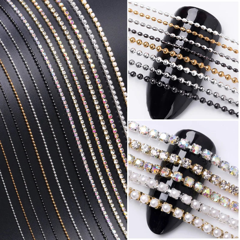 Pearl Claw Nail Chain Gold Silver Nail Stone Beads Decor 3D Rhinestone Metal Steel Ball Chain DIY Charm Nail Art Jewelry Decor  beautylum.com   
