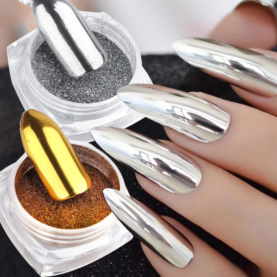 Mirror Glitter Nail Powder Set - Metallic Chrome Flakes Holographic Pigment