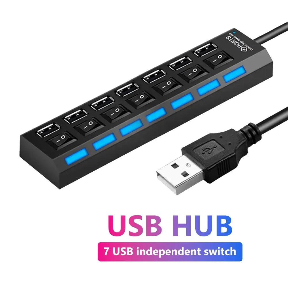 USB 2.0 Hub Multi USB Splitter Ports Hub Use Power Adapter4/ 7 Port Multiple Expander Hub with Switch 30CM Cable For Home  My Store   