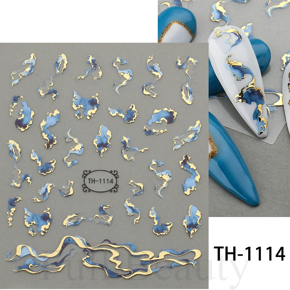 Marble Blue Nail Art Stickers: Golden Wave Line Abstract Flowers Geometry Kit