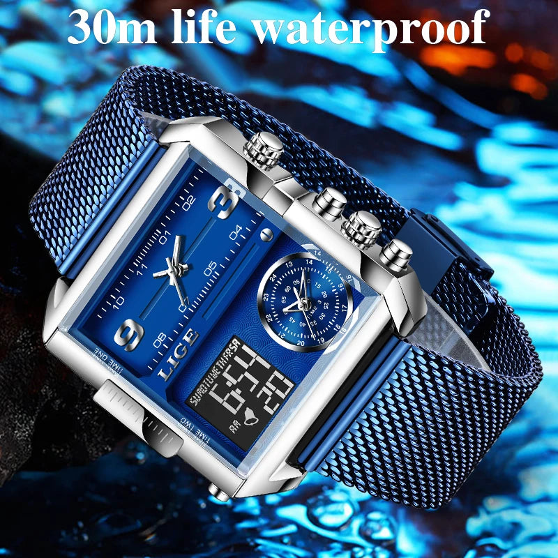 Triple Time Display Men's Quartz Watch with Leather/Stainless Steel Band - Luxury Sport Wristwatch for Travelers
