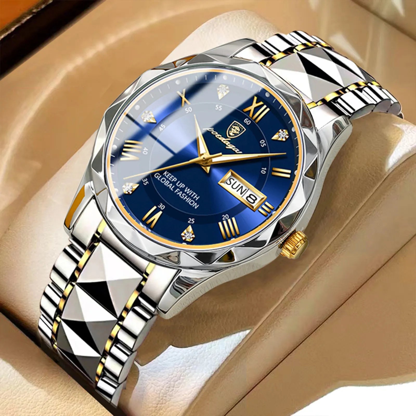 Luxury Men's Stainless Steel Wristwatch with Calendar & Week Display