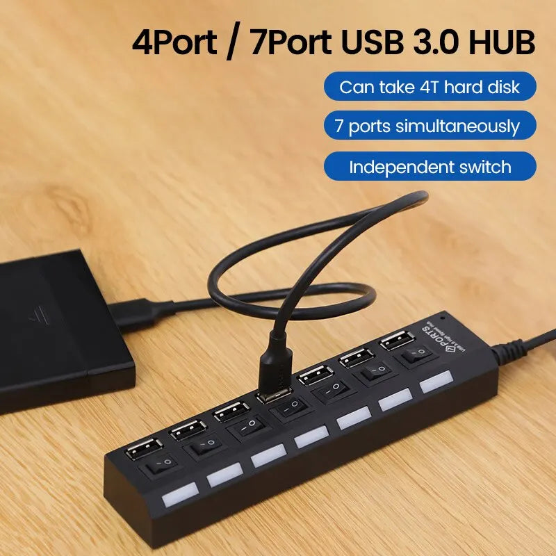 USB 2.0 Hub Multi USB Splitter Ports Hub Use Power Adapter4/ 7 Port Multiple Expander Hub with Switch 30CM Cable For Home  My Store   