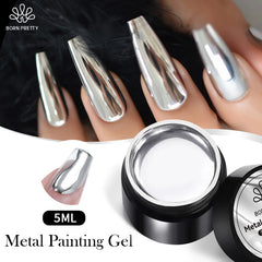 Metallic Gel Nail Polish Kit: Gold & Silver Mirror Effect, Flower Drawing Lines
