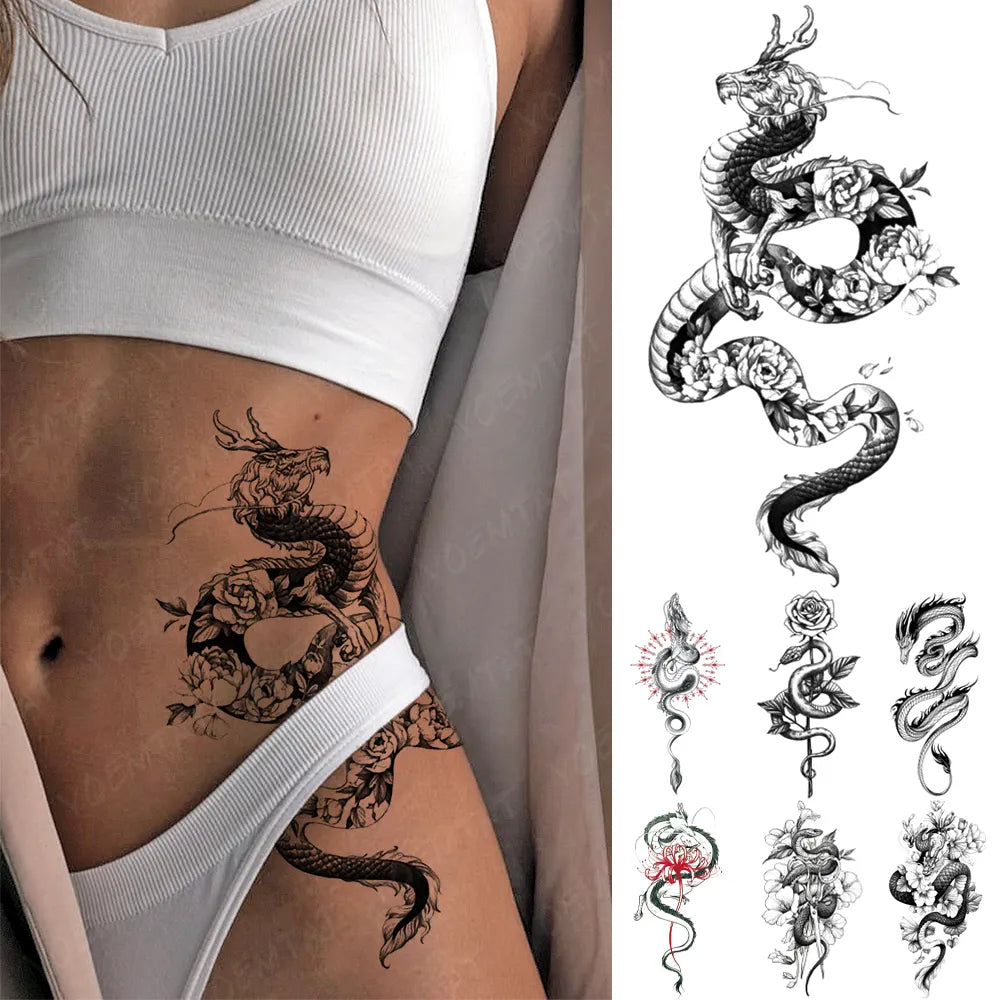 Waterproof Temporary Tattoo Sticker Black Dragon Snake Peony Rose Totem Flash Tatto Women Men Dark Sexy Waist Arm Fake Tattoos  beautylum.com   