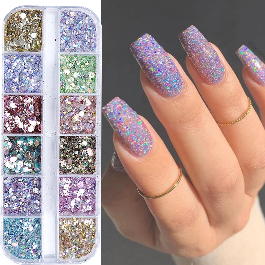 Iridescent Hexagon Nail Glitter Powder Kit: Holographic Sparkle for Gel Manicures