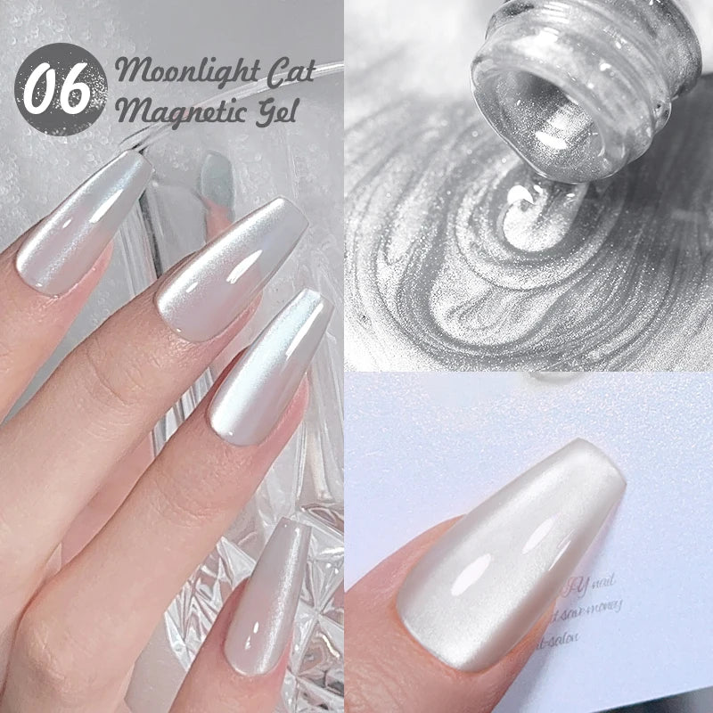 Moonlit Cat Magnetic Gel Nail Polish - Sparkling White Glitter Varnish