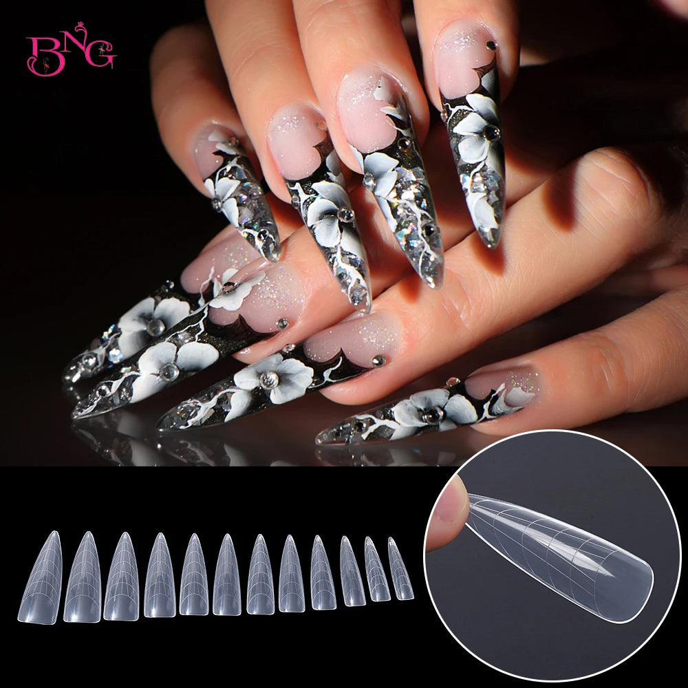 NEW Stiletto Coffin Clear Dual Forms False Tips Quick Building Gel Mold Nail System Full Cover Nail Extension Forms Top  beautylum.com   