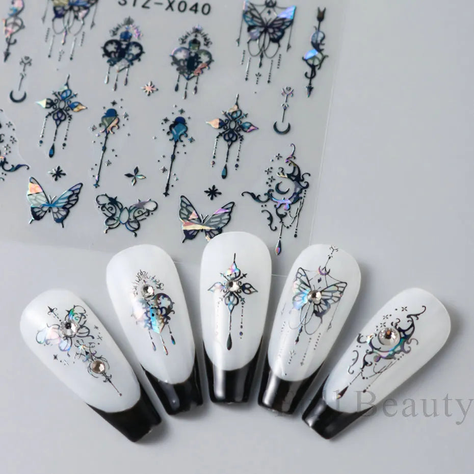 3D Holographic Black Butterfly Nails Slider Laser Self-adhesive Decals Dark Castle Tassels Designs Manicure Stickers Decor 2023  beautylum.com   
