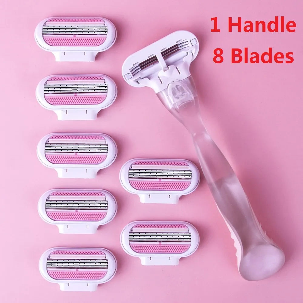 ( 1 Handle + 8 Blades ) Women Safety Razor Blades Face/ Leg/ Armpit/ Bikini Beauty Hair Removal Shaving Compatible Venus Shaver  beautylum.com   