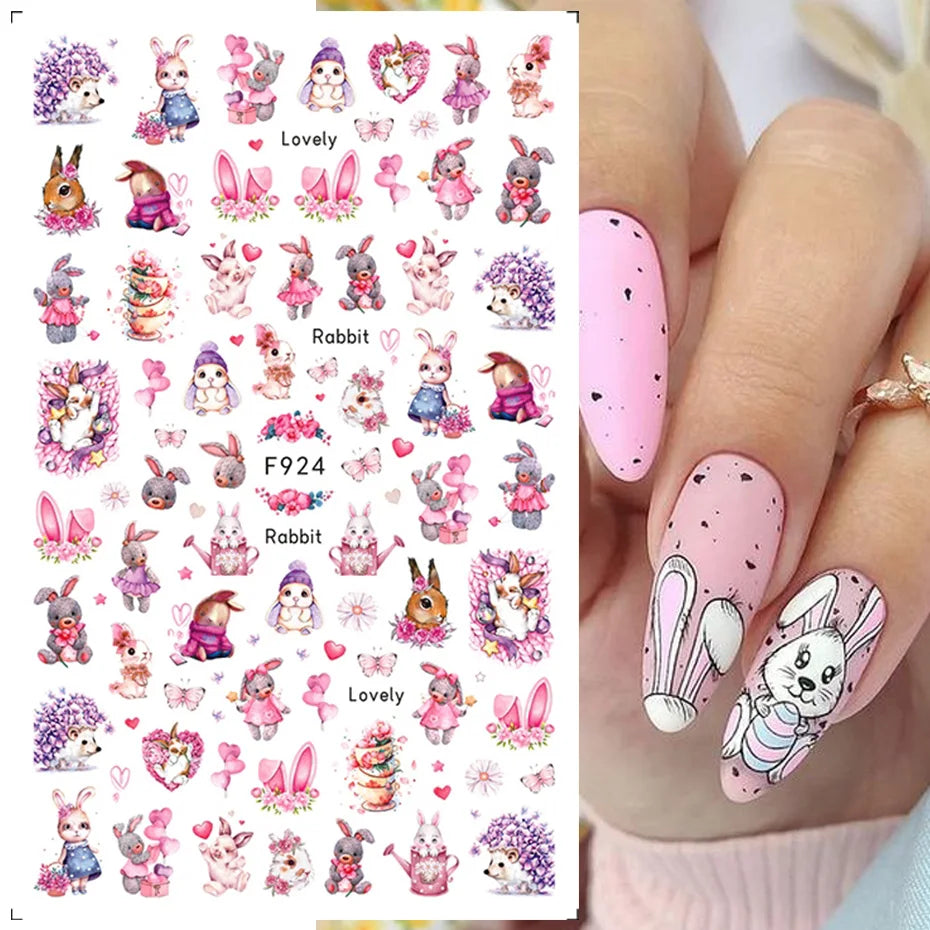 Easter Bunny Nail Stickers Cute Cartoon Rabbit Animal Heart Flower Lucky Words 3D Slider Valentine Manicure Accessories  beautylum.com   
