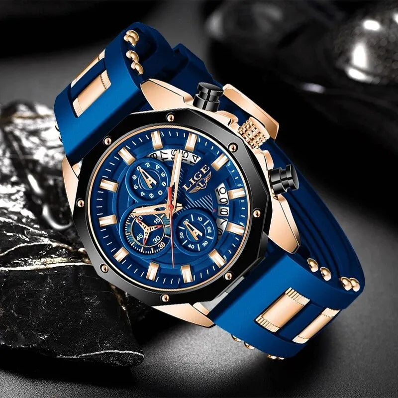 LIGE Men's Chronograph Sport Watch: Luxury Silicone Date Display Watch