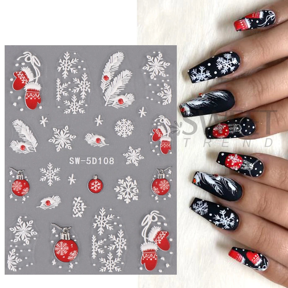5D Red Christmas Nail Stickers Glitter Embossed Snowflake Gloves Feather Bulb Bells Winter Xmas DIY Engraved Manicure Decoration  beautylum.com   