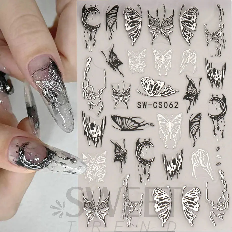 Metallic Silver Black Nail Stickers 3D Dark Style Charms Sliders Ink Butterfly Moon Heart Lock Sword Foil Manicure Tips BESW-CS  beautylum.com   
